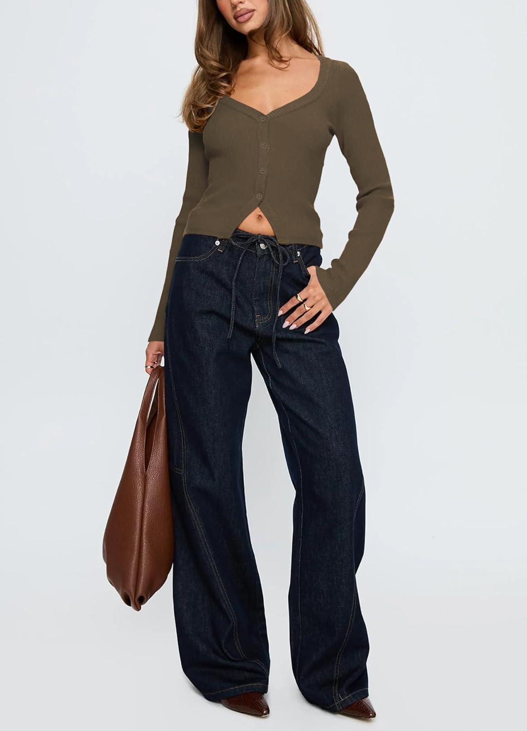 Women Button Up Fitted Cardigan Long Sleeve V Neck Cami Shirt Y2k Ribbed Crop Tops - Image 6