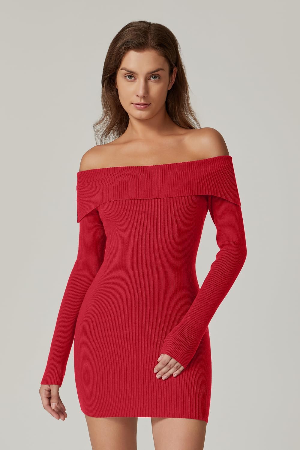 QINSEN Women's Off The Shoulder Ribbed Knit Sweater Dress Folded Neck Long Sleeve Mini Dress 2024 Trendy Fall Outfits - Image 5