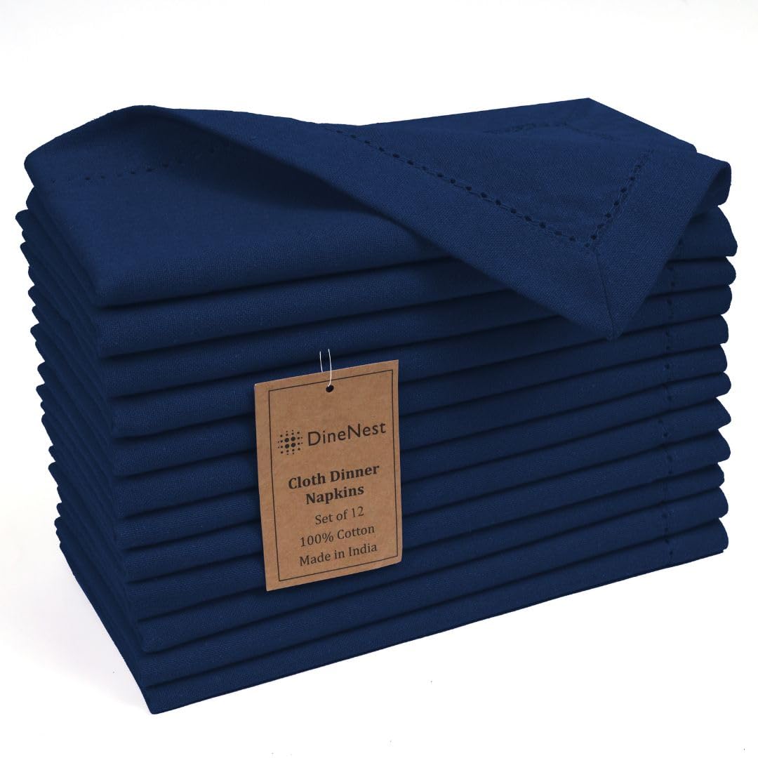 Photo 1 of DineNest Hemstitch Cloth Dinner Napkins 100% Cotton Set of 12 - for Dining Special Occasions Weddings Parties Holidays Easter - Soft Durable Reusable - 18x18 Inch Table Cloth Napkins Navy Blue