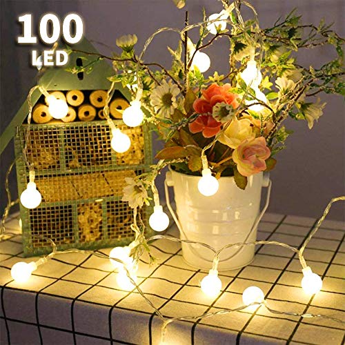 Guirnalda Luces Silingsan Light Chain 10m Cable Extension 5m Bulb Lighting 100 LED Lamps Wedding Party Garden Christmas 8 Modos-Blanco cálido [Clase de eficiencia energética A +]