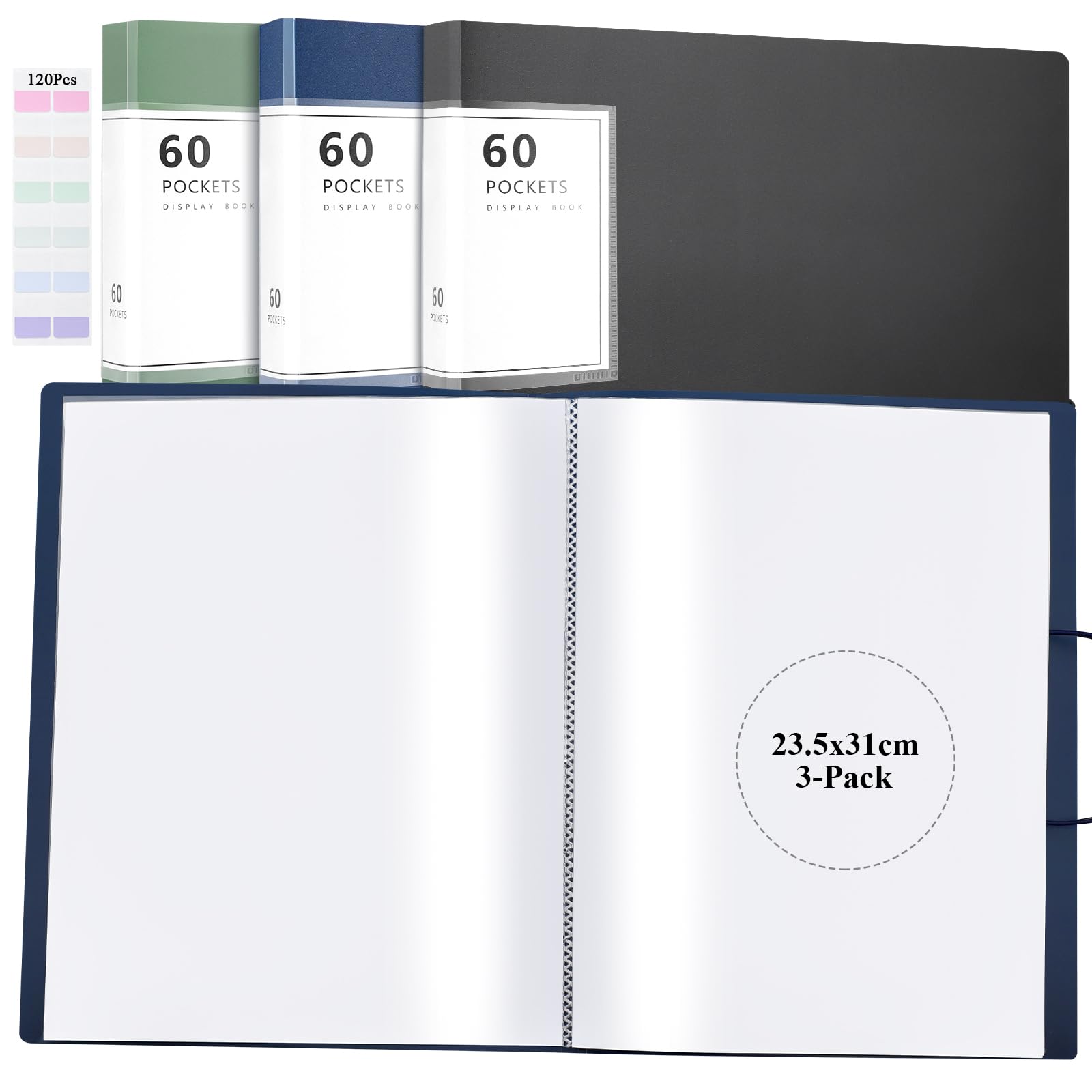 3Pcs A4 Folder with Plastic Sleeves - A4 Display Folder Total 180 Pockets Spring-Loaded Strap Folders for Paperwork A4 with Color Stickers Display Book for School Office Business