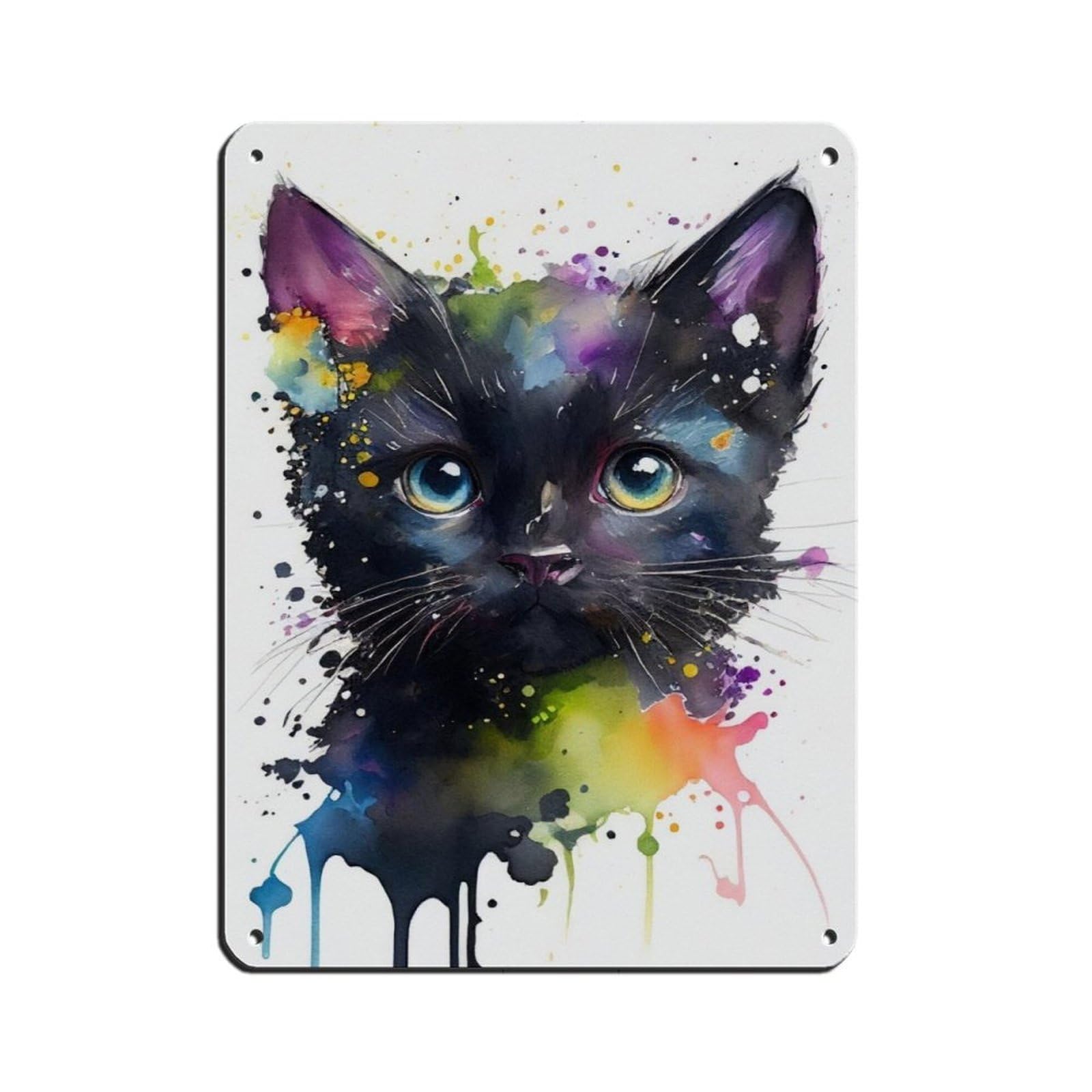 Watercolour Black Kitten Portrait Poster Tin Sign Vintage Metal Pub Club Cafe Bar Home Wall Art Decoration Poster Retro 12x16inch(30x40cm)