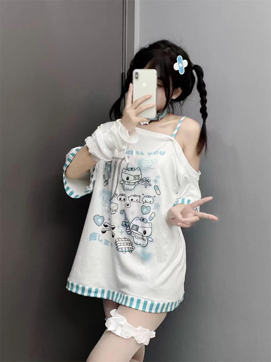 Y2k Kawaii Shirts for Women Cartoon Graphic Tees Off Shoulder Cutecore Shirts Harajuku Fashion Gothic Tops: Blue Large