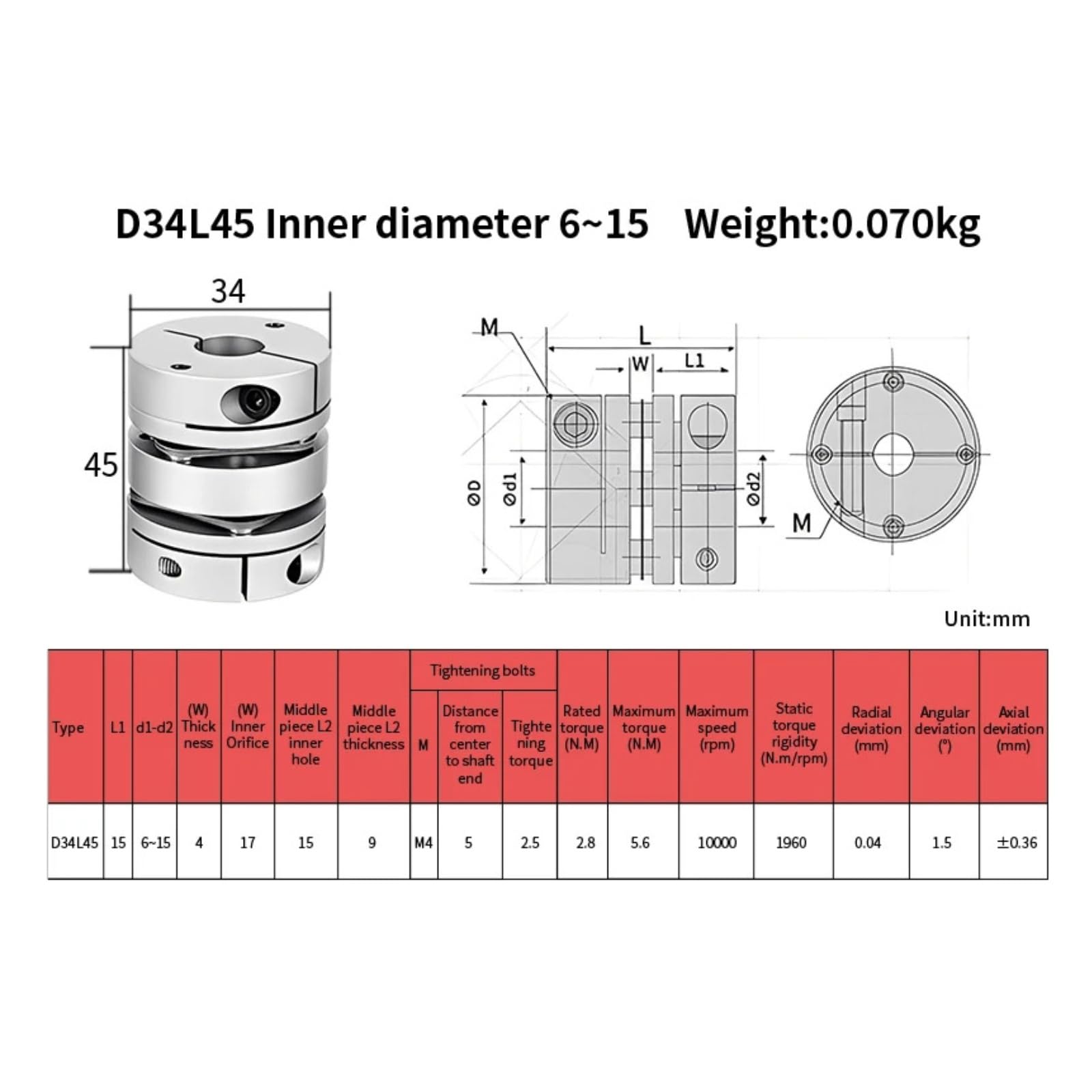 Acoplamiento Flexible de Doble diafragma, D34 L45, Orificio Interior 6/8-14 mm, acoplador de Eje de Ciruela Flexible, acoplador de Motor Paso a Paso(10-12.7)