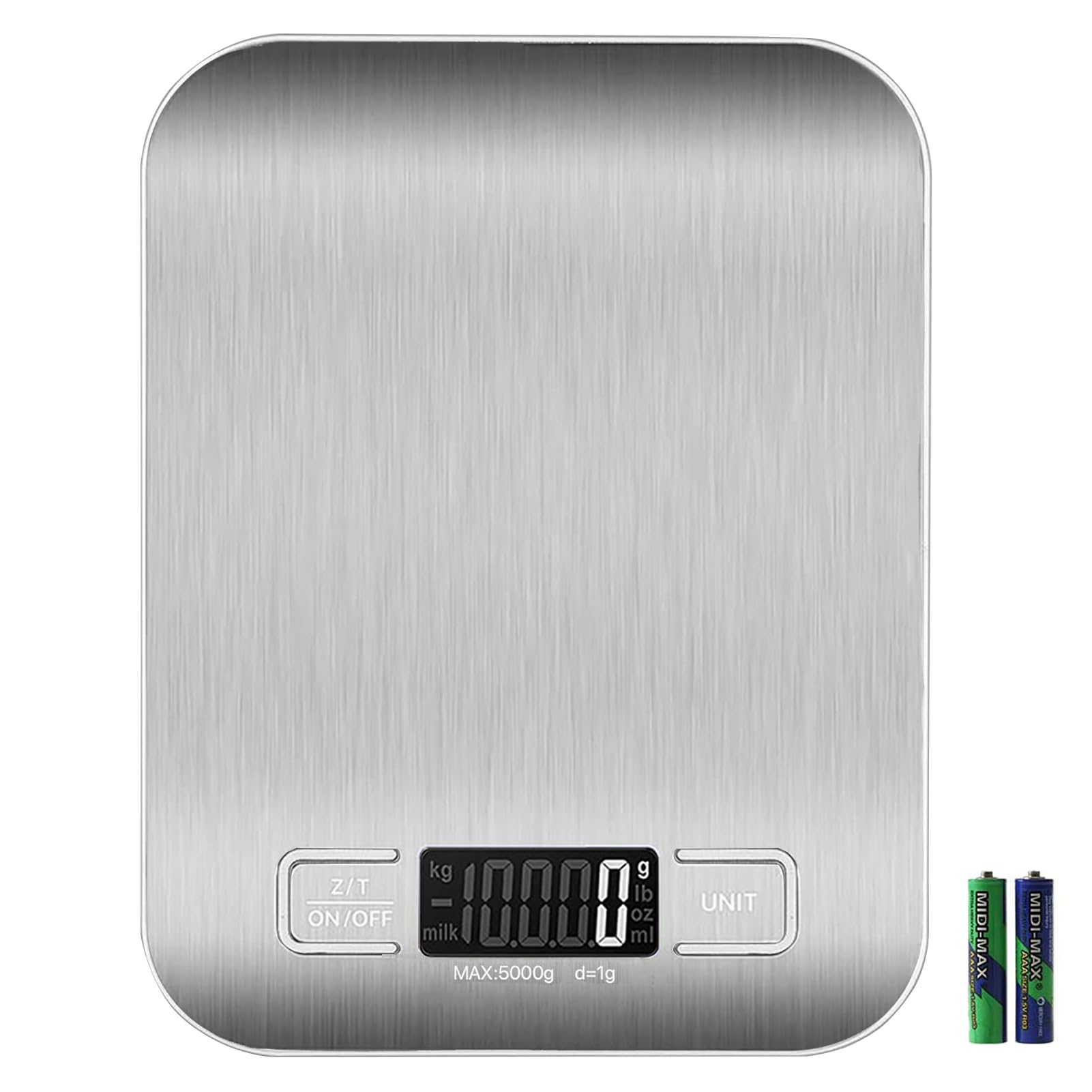 Lebensmittelwaage mit USB wiederaufladbar, 5 kg digitale Küchenwaage, Gewicht Gramm und oz zum Backen, Kochen, Edelstahl und gehärtetes Glas, wasserdichter Körper, 1 g, präzise Skala