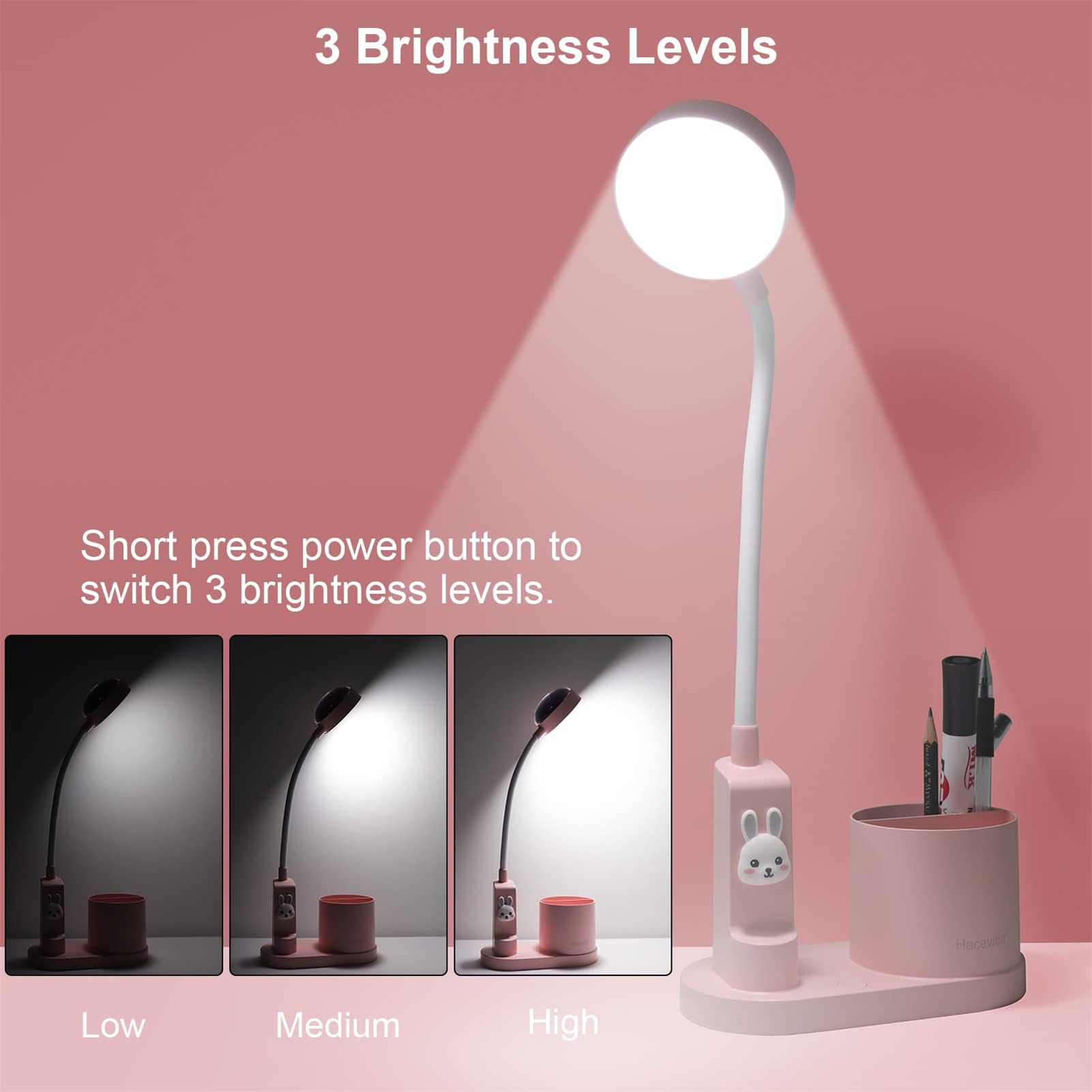 Lámpara de Escritorio LED, Flexo Infantil Niña 2000mAh Batería Recargable para Estudiar, Lámpara Escritorio Infantil USB 3 Niveles de Brillo, con Proyector de Estrellas y Portalápices, Rosa