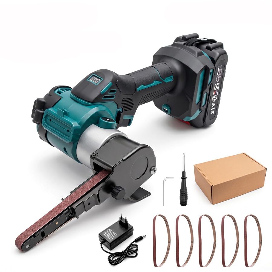 Lijadora de Banda, Lijadora Manual de Banda 0-17000 rpm Lijadora de Banda Ajustable 360° Pulidora Pequeña con 2 Baterías de 1300 mAh 20 Bandas de Lijado para Madera, Metal y Plástico