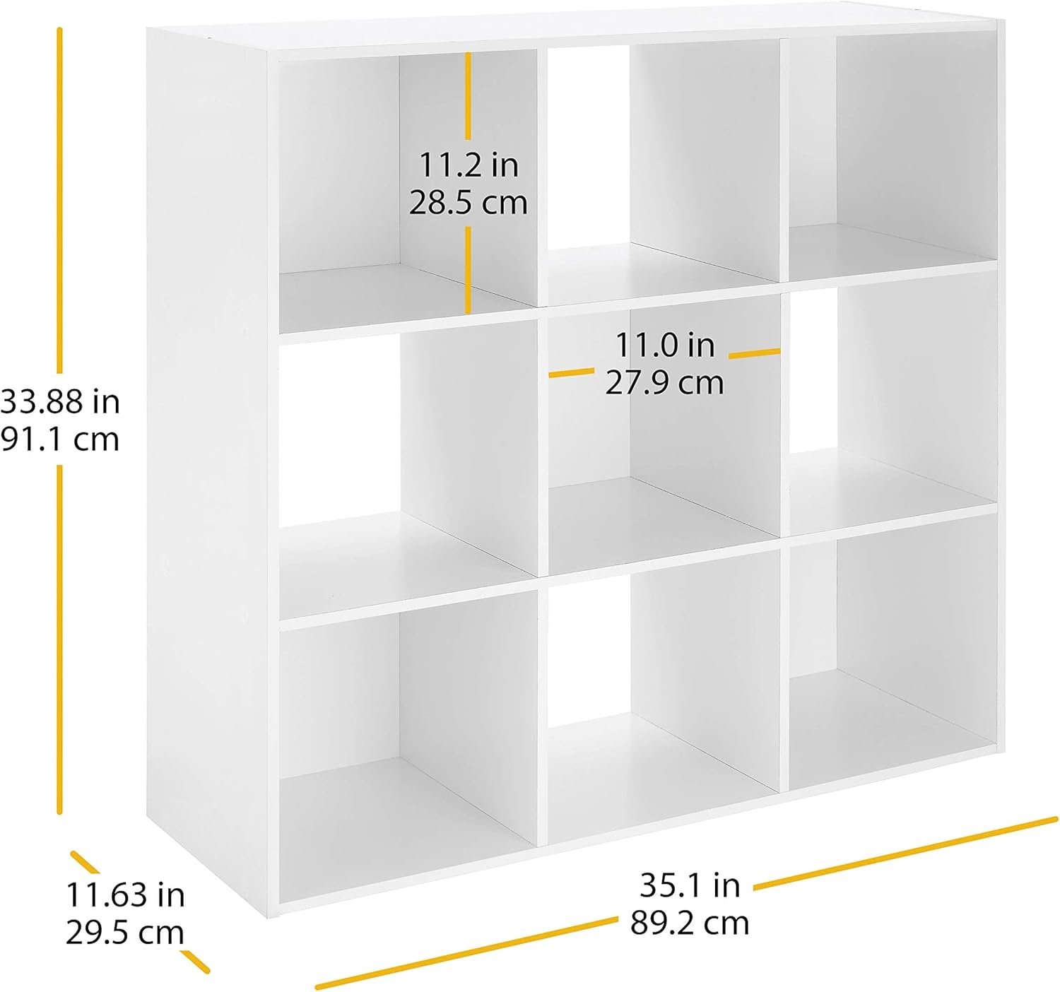 Diagram showing the dimensions of the Whitmor 9-Cube Storage Organizer.