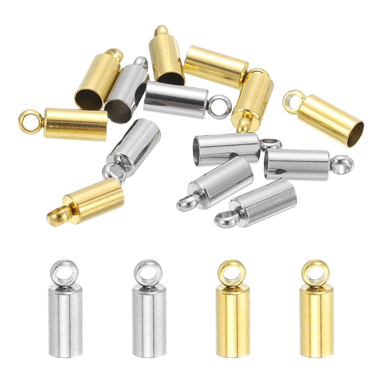 sourcing map Stainless Steel Cord End Caps 2.5mm ID, 20 Pack Barrel End Tips Terminators Cord Finding for DIY Jewelry Making Necklace Bracelets Tassels Supplies, Gold/Silver Tone