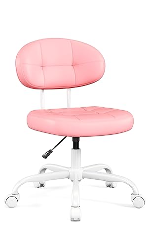 Misolant Vanity Chair with Back, Small Armless Cute Office Chair with Wheels and Lumbar Support, Comfy PU Leather Desk Computer Chairs with Adjustable Height, 360°Swivel for Home Bedroom Office, Pink - 6103-Y - Pink