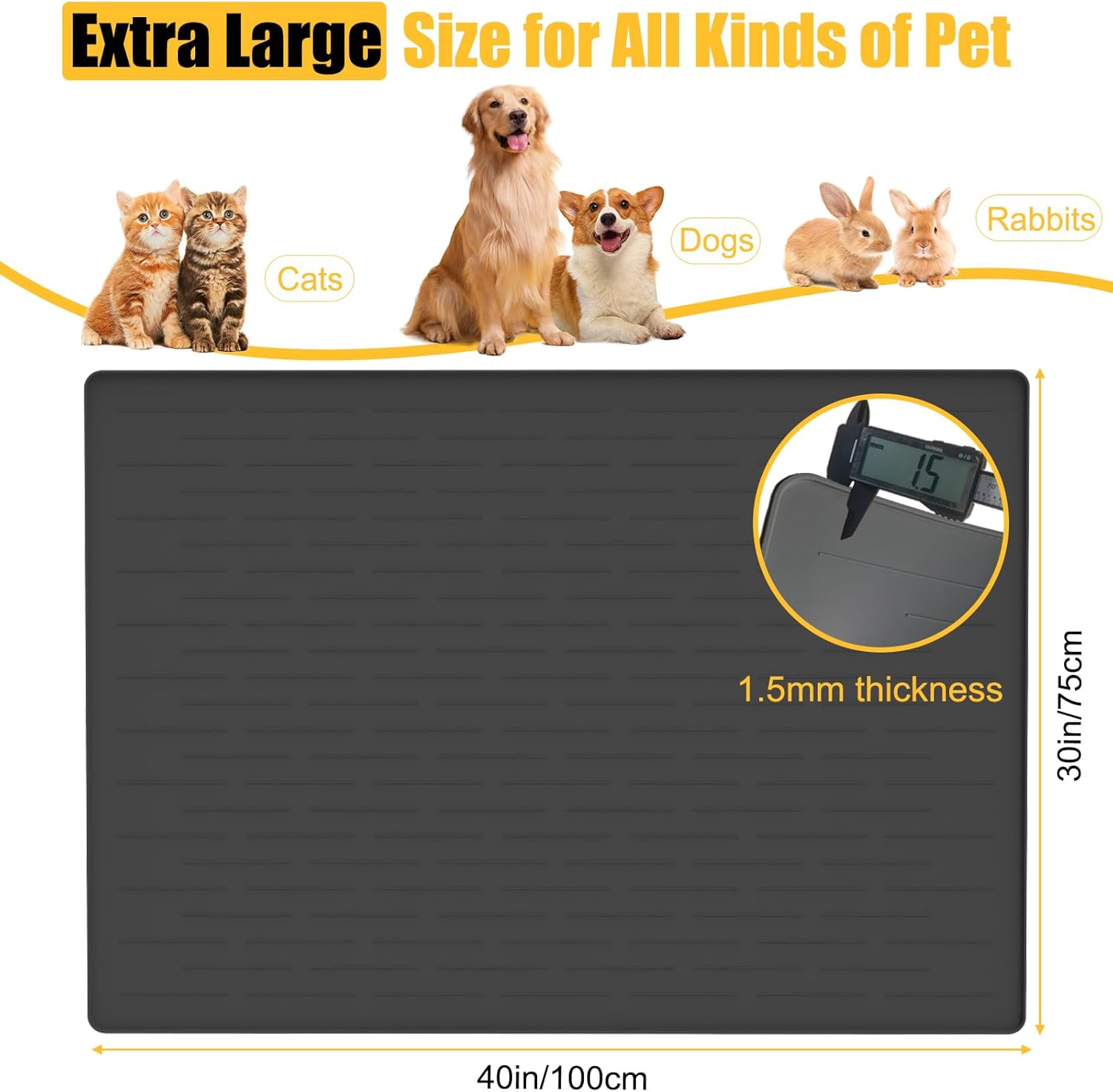 1.5MM Super Thick Dog Food Mat, 40"x30" Silicone Dog and Cat Mats for Food and Water Bowls, Waterproof Pet Feeding Mat for Contain Spills Protects Floors, Multiple Colors & Sizes for Pets, Black