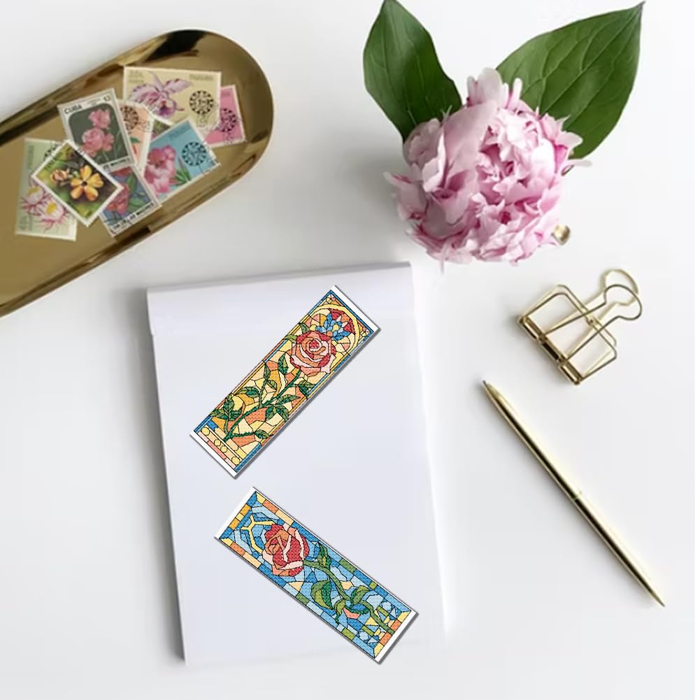 FREEBLOSS Set di 6 segnalibri a punto croce con motivo floreale, set da ricamo con istruzioni per adulti, 22 x 6 cm