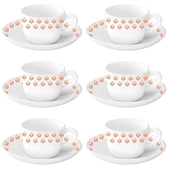 Larah by Borosil Gardenia Cup and Saucer Set, 140ml, 12Pieces, White