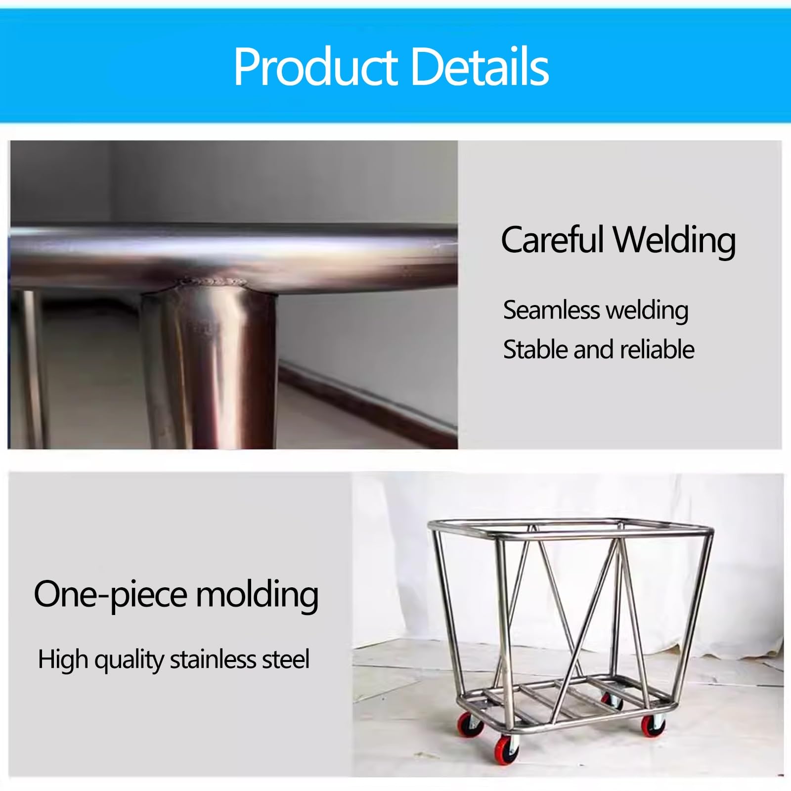 Cesta Ropa Sucia con 4 Ruedas Carro de Limpieza Profesional Gran Uso Acero Inoxidable Intensivo Cesta de La Ropa 100kg de Carga para Uso Comercial y Doméstico(Brown,90 * 65 * 85cm)