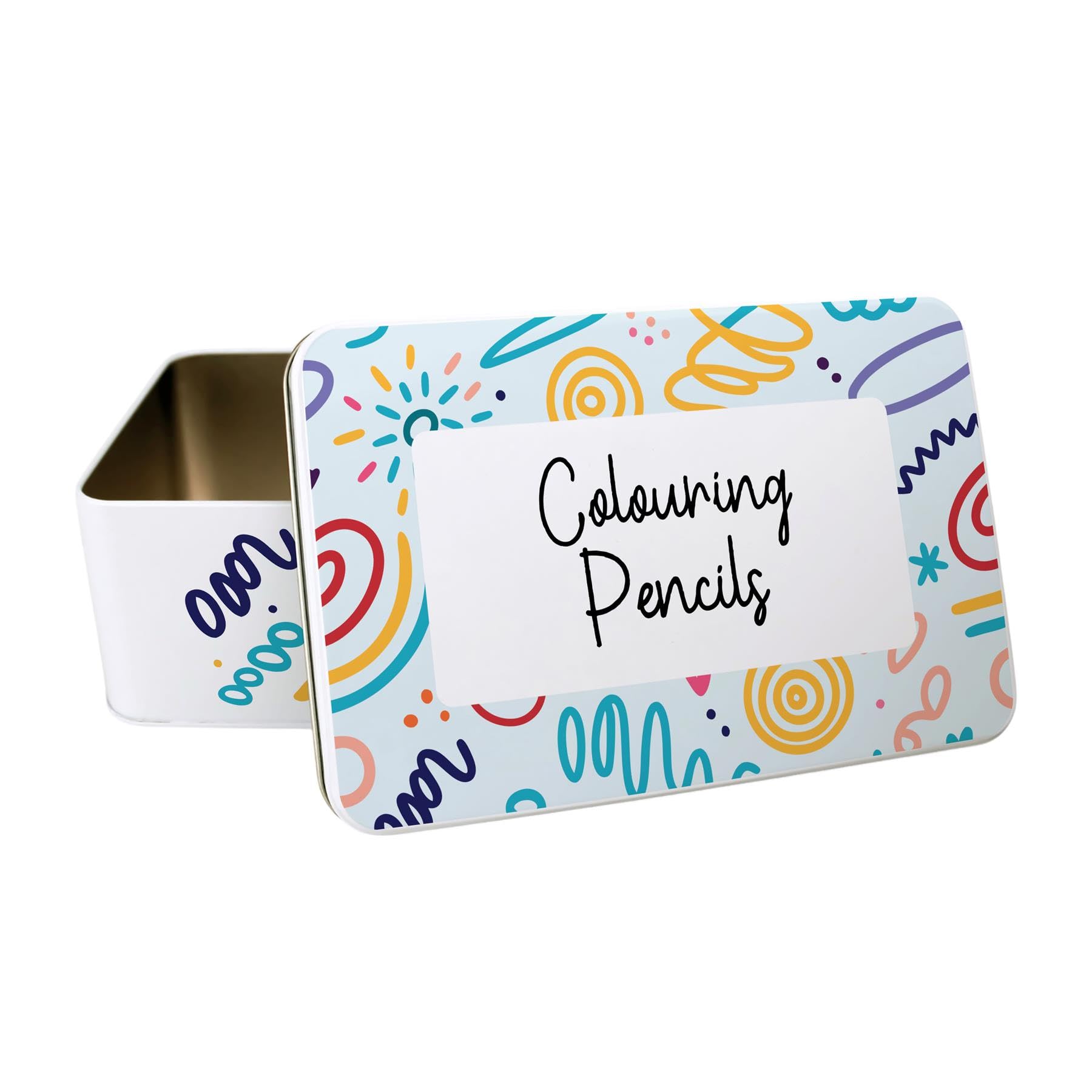 Purely Home Colouring Pencils Tin - Doodle Bright Rectangular Metal Stationary Storage Tin Gifts for Kids