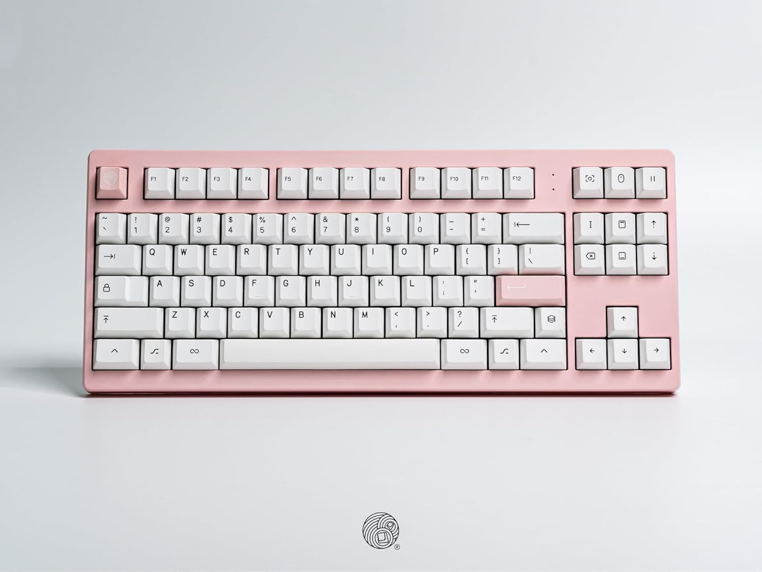 MONOKEI Standard Keyboard in Blush Pink with white keycaps and brown switches.