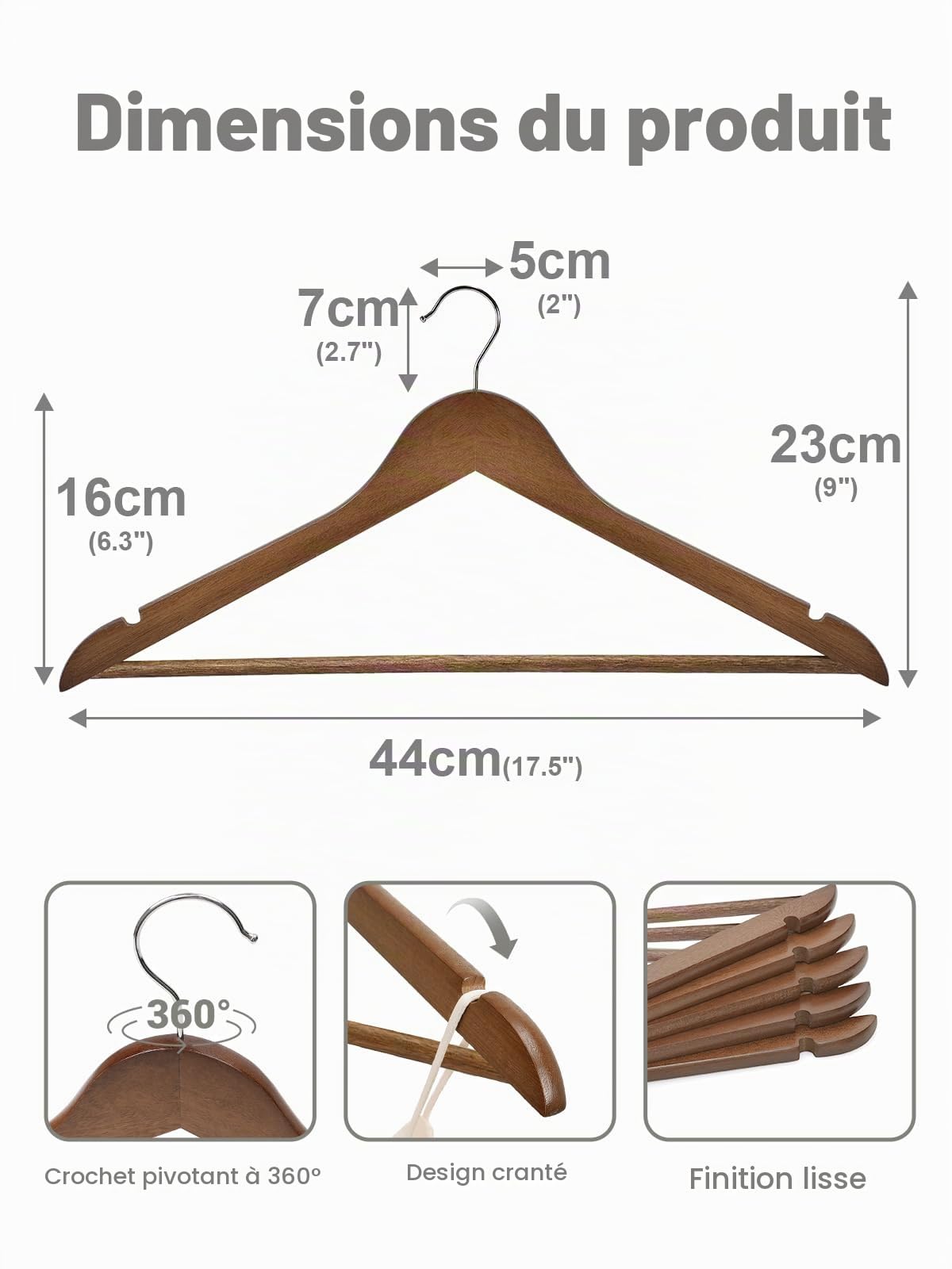 House Day Cintres en Bois de Noyer 30 Pack - Cintres Bois Massif Élégants et Antidérapants avec Crochet Métallique Rotatif 360°, Support pour Pantalons, pour Vestes, Costumes, Chemises, Robes