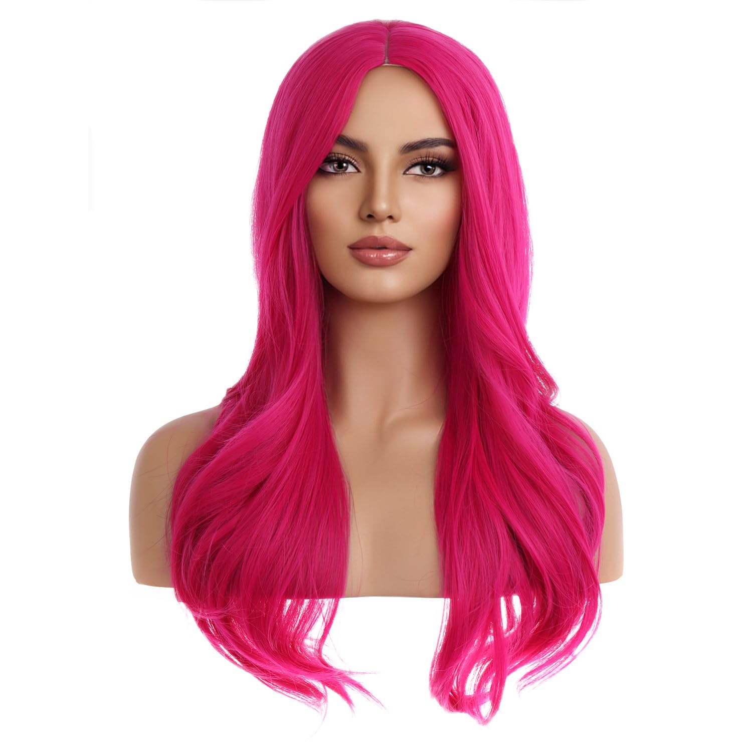MAGQOO Hot Pink Wig for Women Neon Dark Pink Wig Long Curly Wavy Magenta Wigs Synthetic Heat Resistant