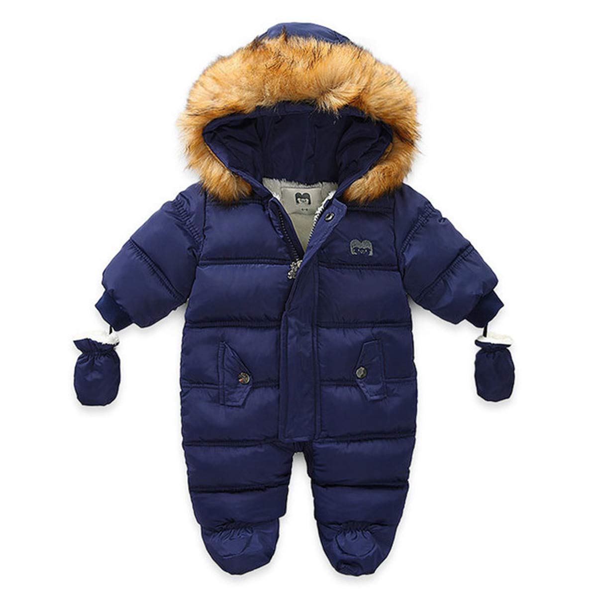 Verve Jelly Women's Navy Blue Infant Baby Girls Goys Winter Snowsuit Zipper Down Hoodied Romper Footie Jumpsuit Coat + Gloves 66 3-9 Months