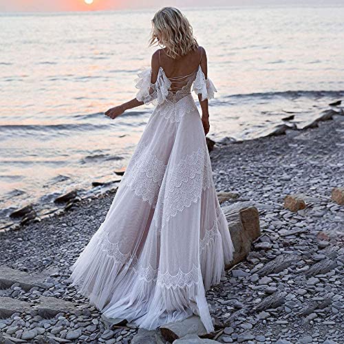 Women's Wedding Dresses Chic Lace Evening Dresses V Neck Ruffle Sleeves Beachy Boho Outdoorsy Wedding Gowns3