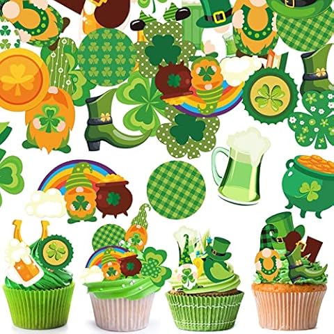 Eersida 300 Pieces Saint Patrick's Day Cake Decorations Cupcake Topper Saint Patrick's Day Supplies Paper Birthday Cake Decor for Saint Patrick's Day Theme Party Cake Cupcake Shamrock Gnome Cover