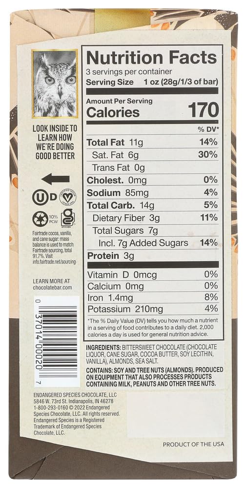 Endangered Species Owl Dark Chocolate with Sea Salt and Almonds, 3 Ounce (Pack of 12) by Endangered Species