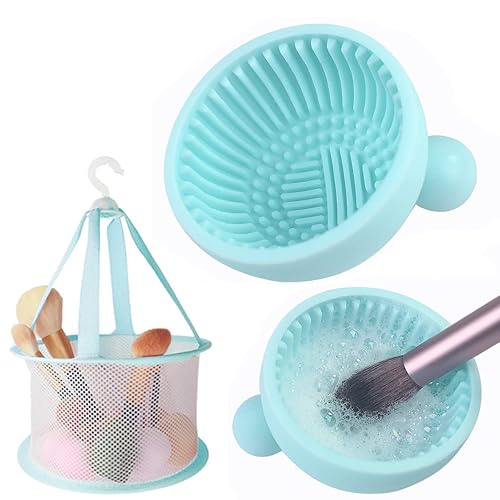 Tazón de limpieza para brochas de maquillaje y red de secado colgante, alfombrillas de limpieza de brochas de maquillaje de silicona, almohadilla de