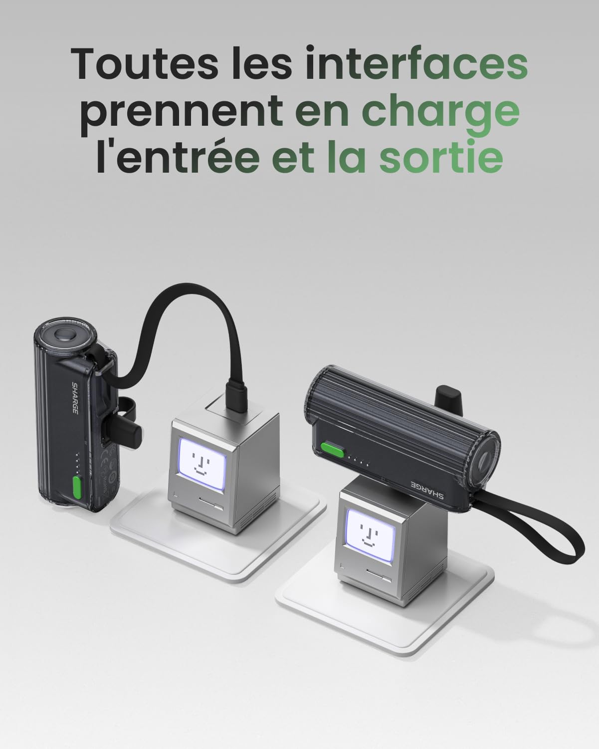 SHARGE Flow Mini 2.5000mAh Mini batteria esterna 22.5W PD USB C Power Bank | Batteria esterna compatta da 22,5 W con cavo USB-C integrato, ricarica rapida, doppia uscita e design ideale per i viaggi.