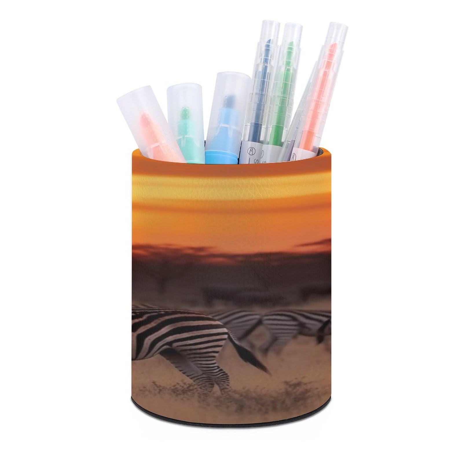 VstaDank Africa Sunset Zebra Pen Holder Round Pencil Holder Cup Pen Container PU Leather Desk Organizer Stand Decor Brush Scissor Holders Decoration Office Desk Home (3.1 X 3.9 Inches)