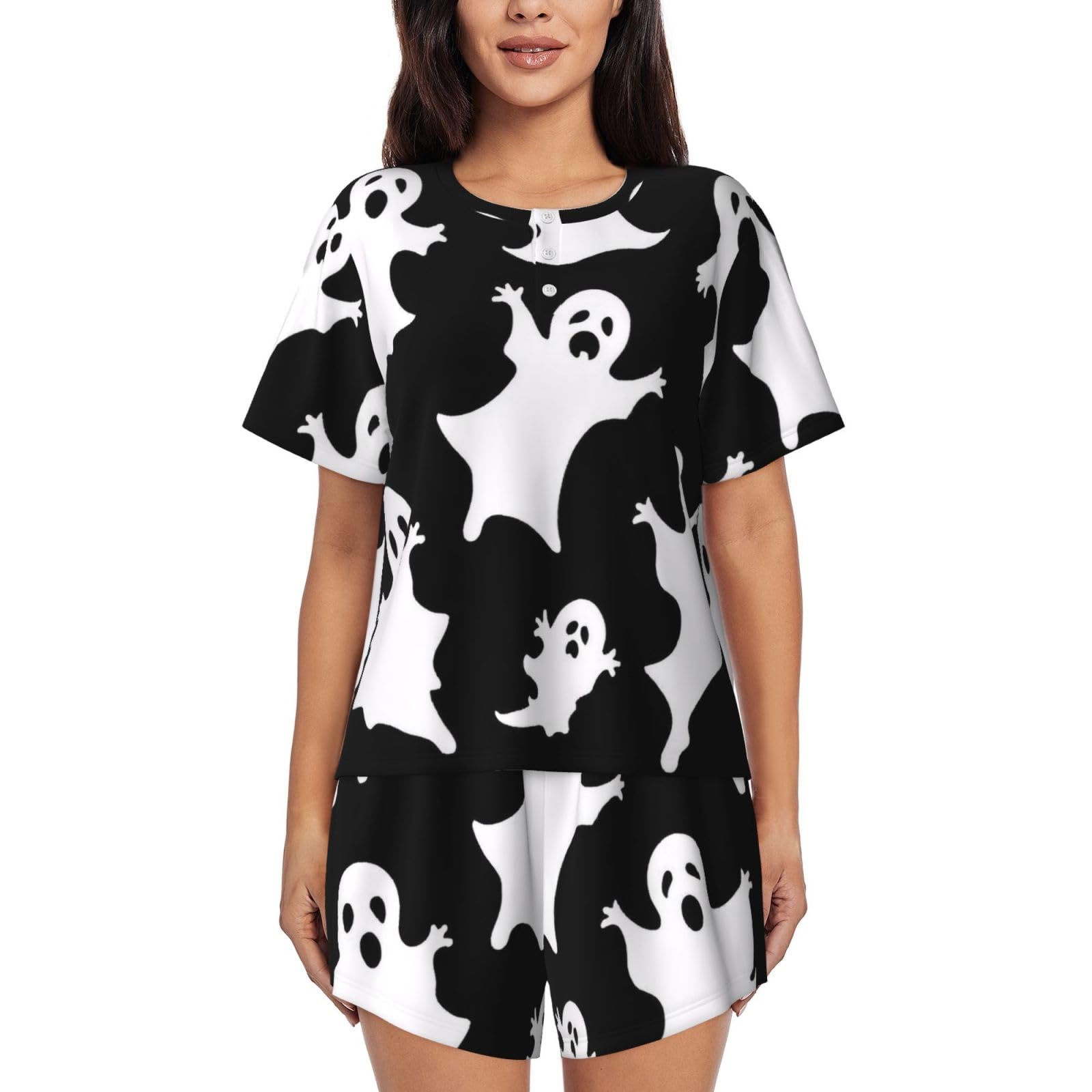 Khdklxohz Women's 3D Patterns Halloween Goth Pajamas Sets For - Short Sleeved Pajama Set, Loungewear, Comfortable Nightwear, Round Neck Fashion Sleepwear With Pockets, Soft Pj Lounge Sets