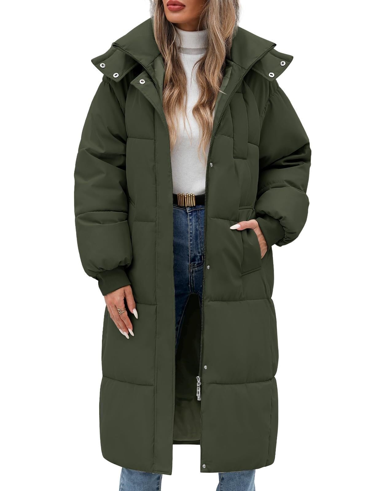 Lockenstab Women's Green Long Winter Down Coats Padded Puffer Jacket Thickened Hooded Comfort Overcoat Zip Up Hoodie Longline Parka With Pockets For Warm Outwear Outdoor Hiking(,Medium)