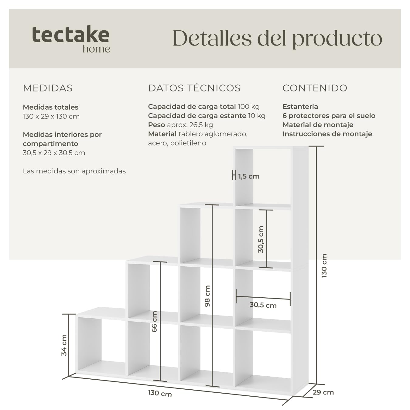 tectake® Estanteria Pared Moderna para Libros, 10 Compartimentos, Forma de Escalera, Diseño de Cubo, Librería, Estanterías de Pared, Estanteria Almacenaje, Patas Protectores de Suelo - Blanco