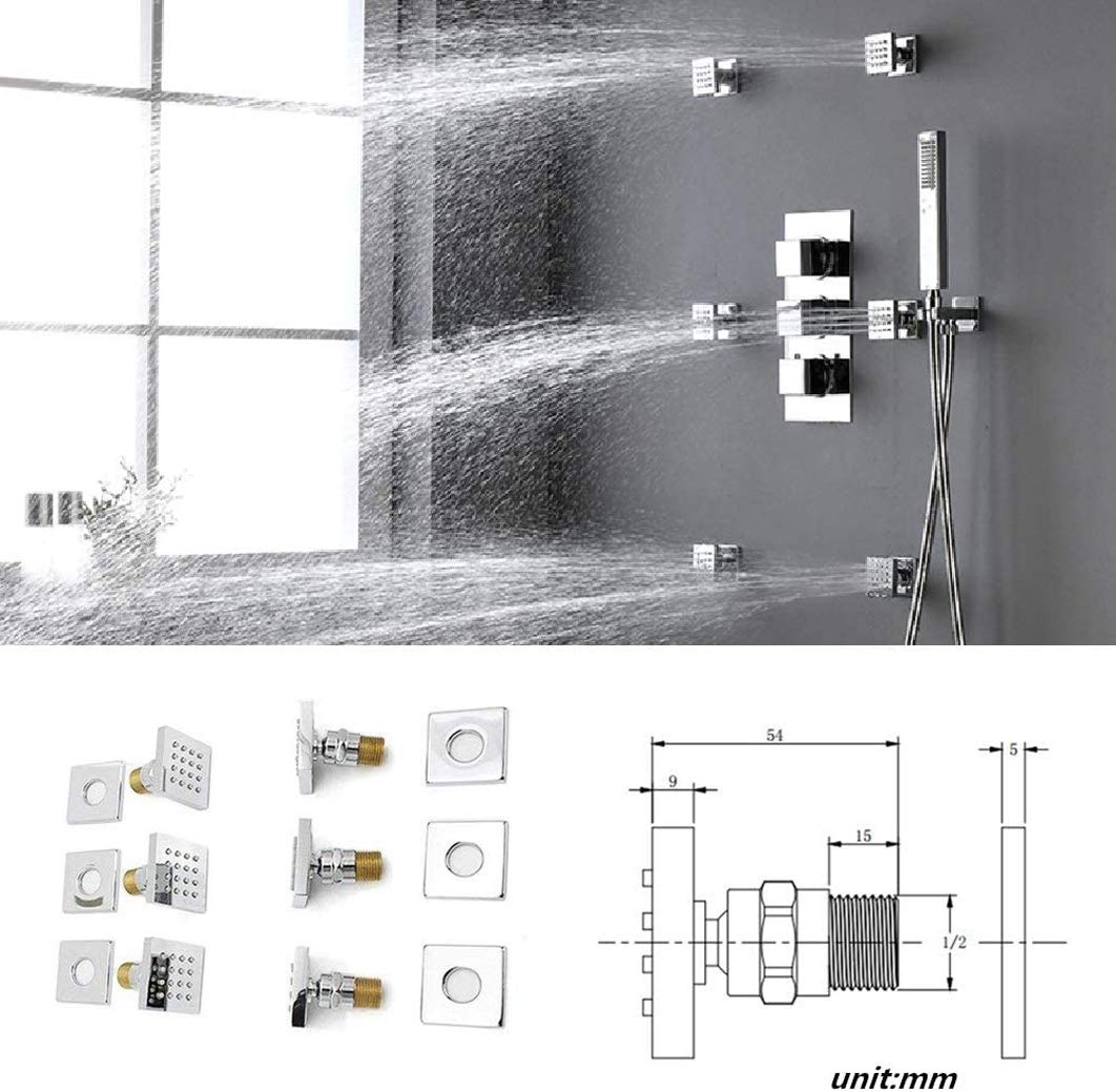System natryskowy, termostatyczny, wykończenie mosiężne, chromowane, 10-16 cali, sufitowy system natryskowy z deszczownicą LED, 6 strumieniami wody i zestawem pryszn,12 Inch