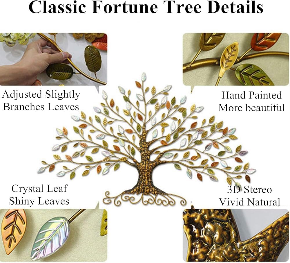 Decorazione da parete in metallo con albero della vita 3D, scultura artistica da parete con foglie a strati, stile lussuoso da appendere alla parete per soggiorno e ufficio