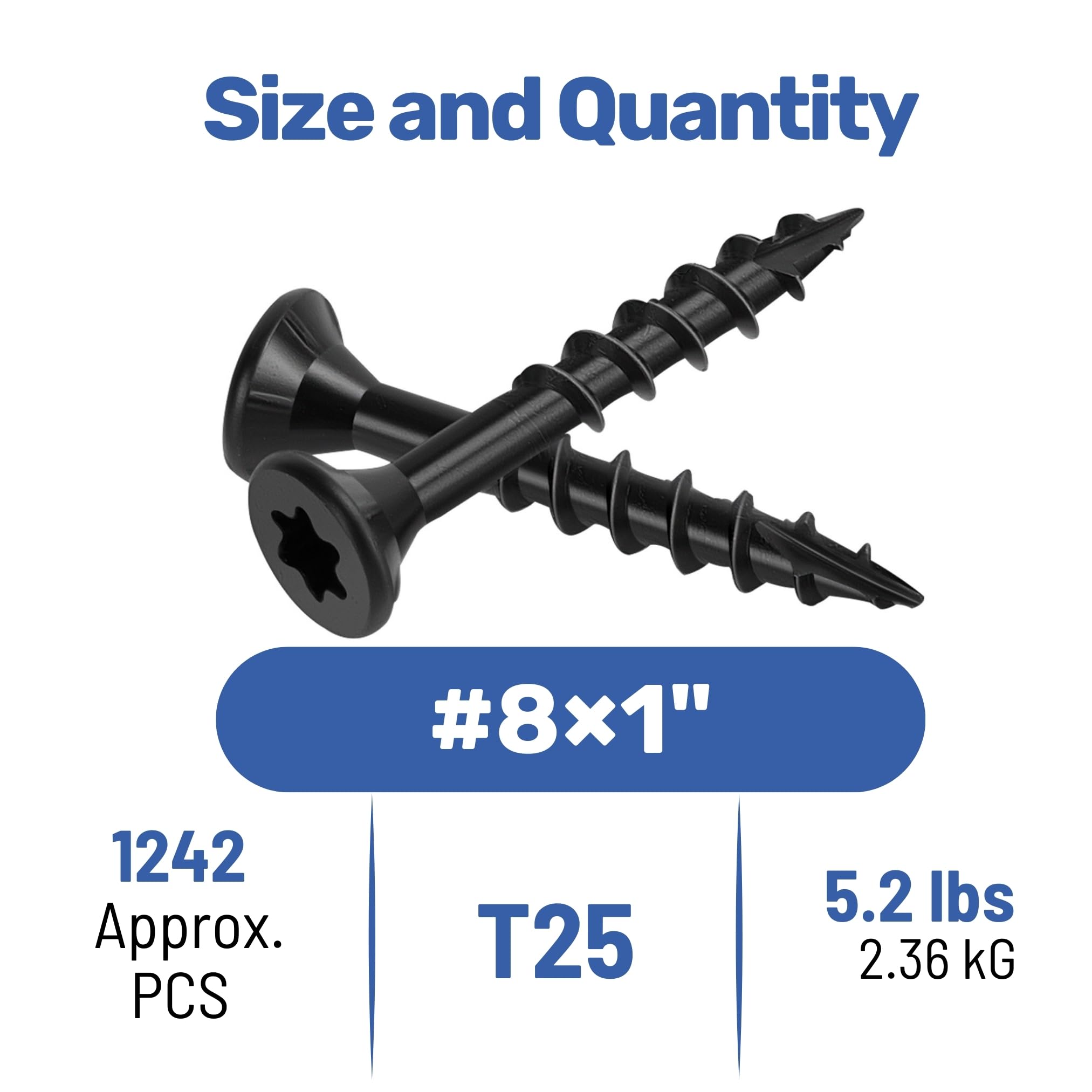 WELLOCKS Lot de 1 242 vis à bois de 2,5 cm, noires #8 x 2,5 cm, résistantes à la rouille, revêtement époxy, plus de 1 000 heures avec embout étoile Torx T25 inclus pour clôture en bois extérieure