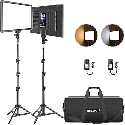 Neewer 13" Led Video Light Panel Kit, 2 Pack Dimmable Bi Color Soft Key Lighting with Tripod Stand, 8000mAh Battery, 3200~5600K CRI97+ 2400Lux for Game/Streaming/YouTube Recording/Studio Photography - NL-192AI(2-Pack)
