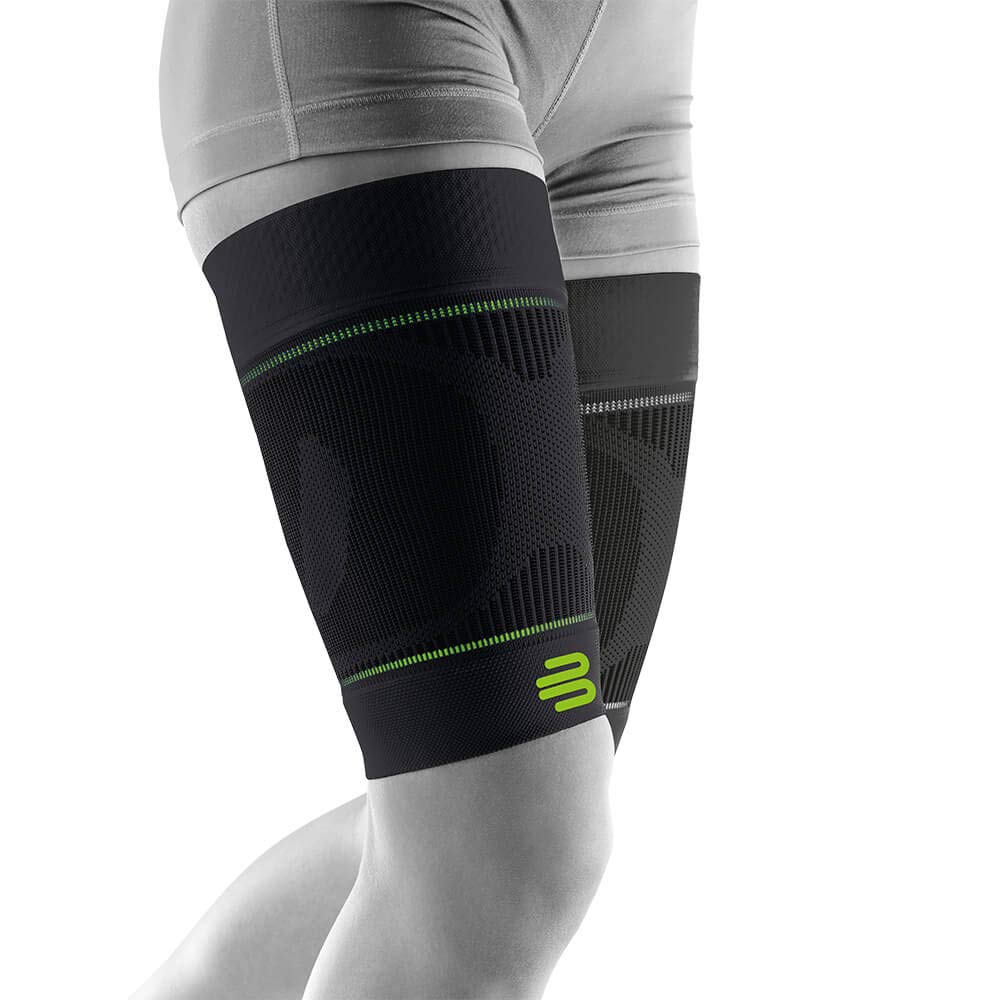 BAUERFEIND, 1 Paar Sport Kompressions-Oberschenkelbandage, Unisex, Rechts und Links tragbar, Für Ball- und Ausdauersportarten, Stärkung der Muskulatur, Gr. M lang, Schwarz, 29345721700032