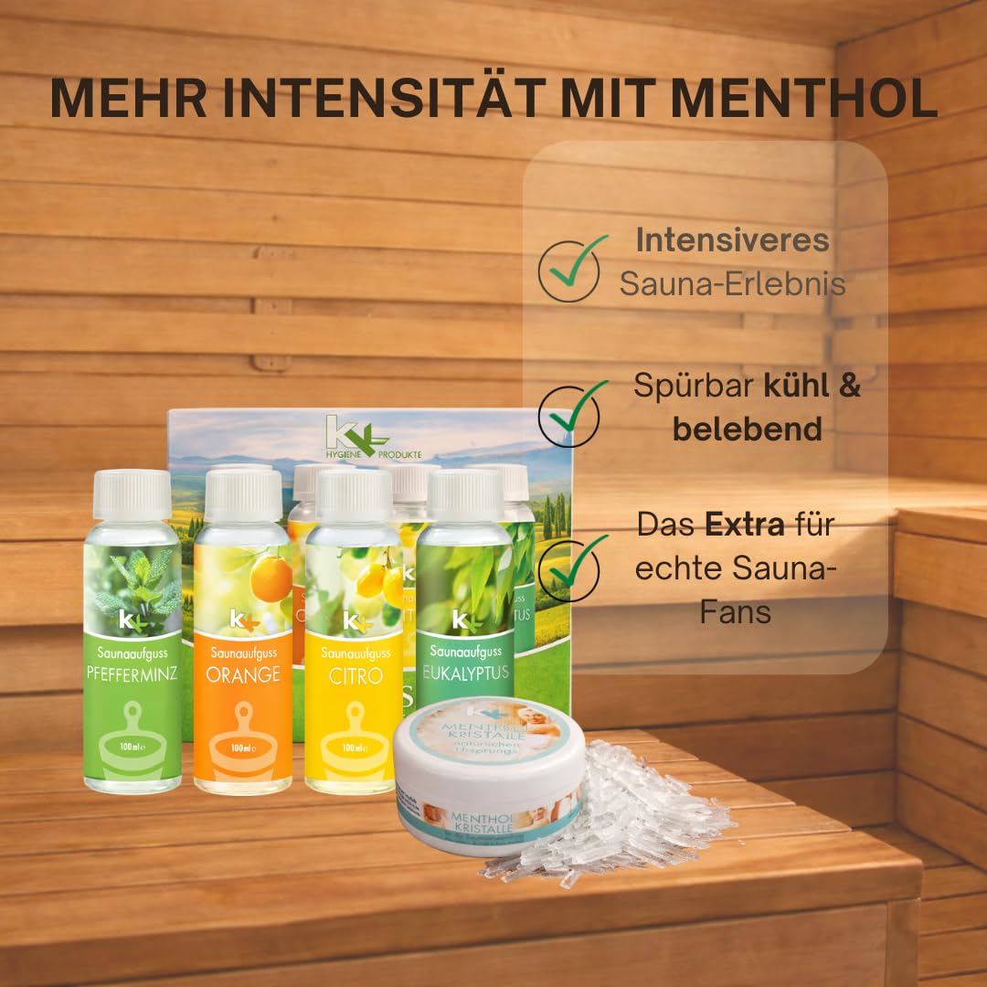 KK Hygiene Saunaaufguss Set „Toskana“ 4 x 100 ml (Eukalyptus, Orange, Zitrone & Pfefferminz) + 50 g Mentholkristalle – Mediterran-frisches Sauna Geschenkset für finnische Sauna & Dampfbad