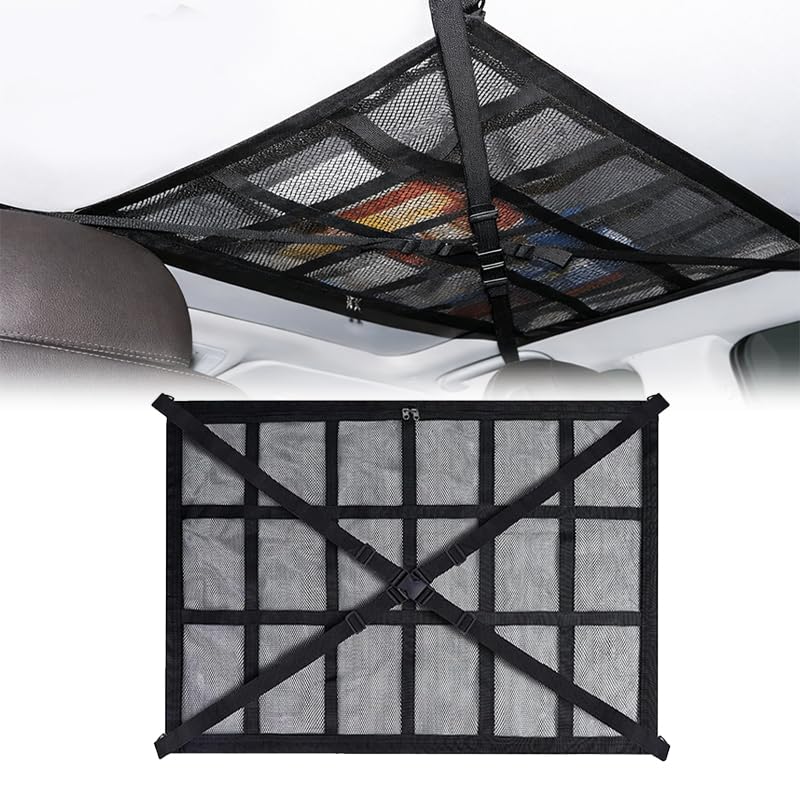 Car Ceiling Cargo Net Pocket for Buick Lacrosse Regal Verano, Car Roof Storage Organizer, Double Layer Overhead Cargo Net for Auto with Zip Closure for Trip, Camping,B