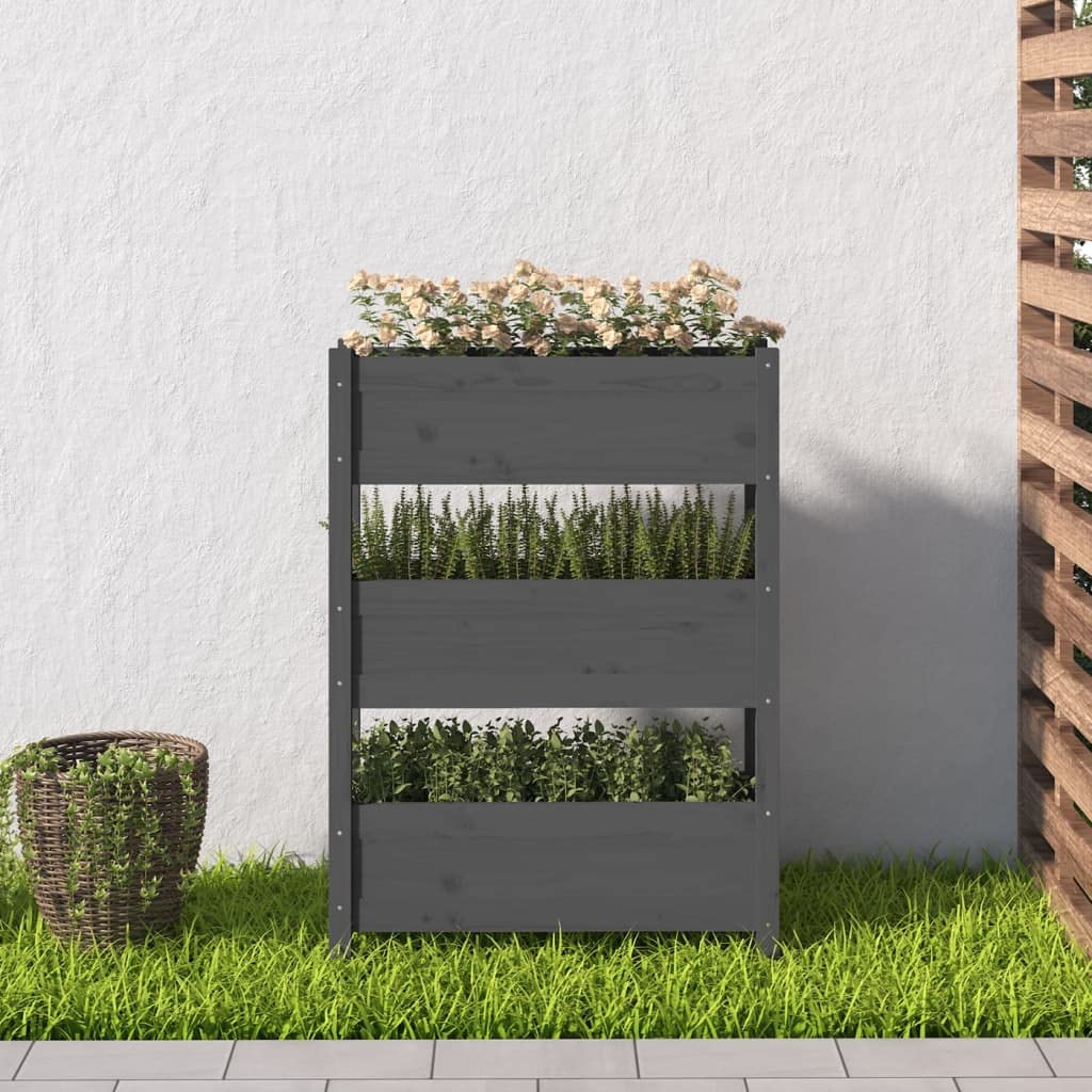 Pflanzkübel Grau 77x25x104,5 cm, Hochbeet Holz mit 3 Etagen, Vertikales Pflanzenregal aus Massivholz Kiefer für Balkon Terrasse Garten und Wohnzimmer Dekoration