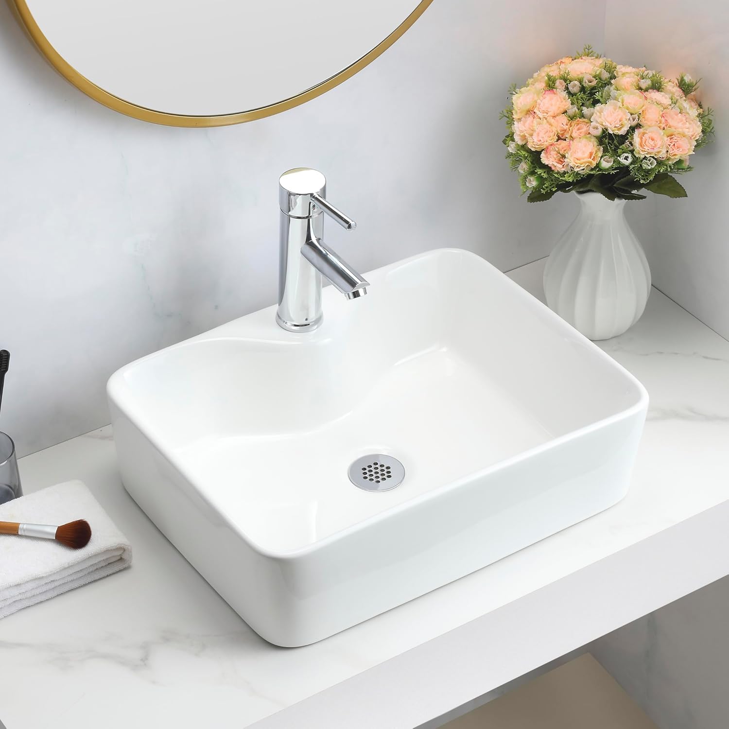 Home Supplies Ceramic Cloakroom Basin Hand Washing Sink, Modern Design Gloss White Countertop Basin Cloakroom Sink for Bathroom Lavatory, Vanity Cabinet 130x480x370mm(HxWxD)