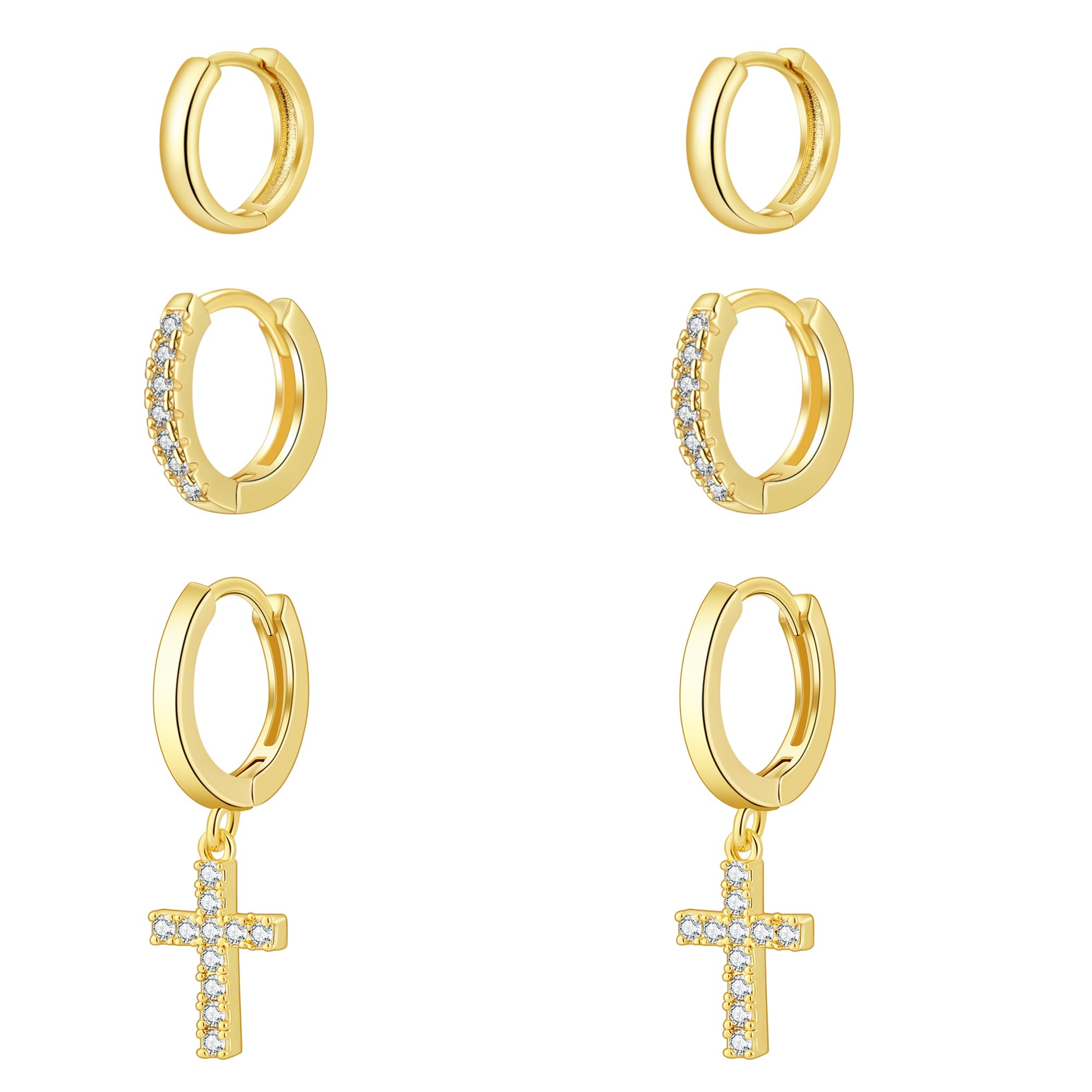Rotnso Gold Hoop Earrings Set for Women Trendy, 14K Gold Plated Chunky Hypoallergenic Small Diamond Cartilage Hoops Cute Cubic Zirconia Dangle Stud Earrings Jewelry Gifts