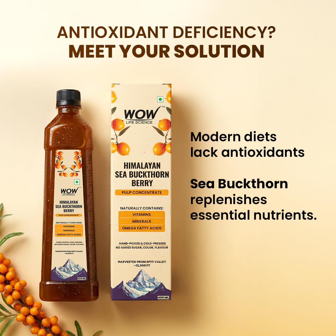 WOW Life Science Himalayan Sea Buckthorn Berry Pulp Concentrate | Cold‑Pressed from Spiti Valley | Rich in Omega 3‑6‑7‑9, Vitamins & Antioxidants | Heart, Gut, Skin & Immunity Support | No Added Sugar | Makes 80 Glasses | 400 ML 2
