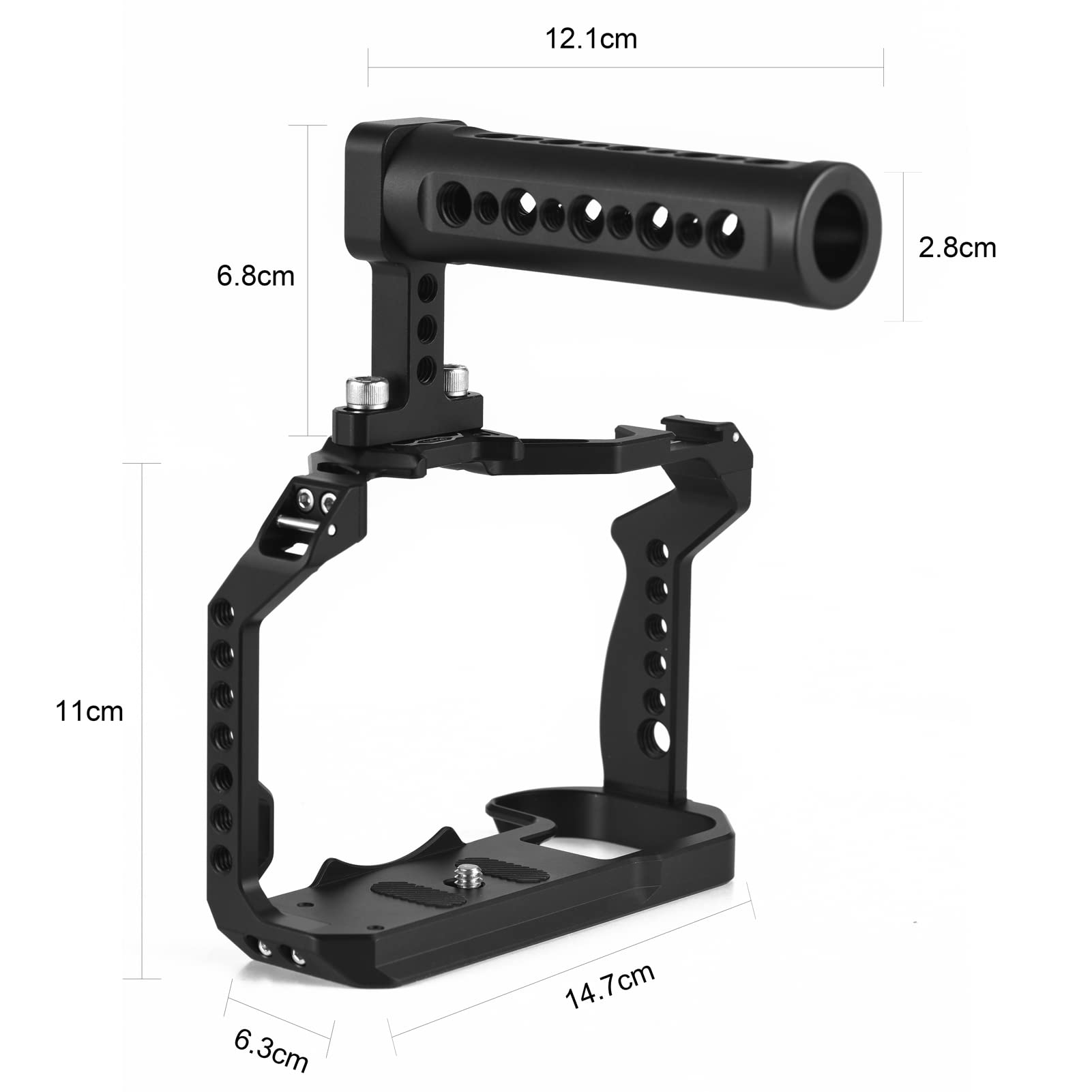 Andoer Jaula para cámara + mango de aleación de aluminio con soporte para zapatos fríos, muchas roscas de 1/4 pulgadas de repuesto para cámara Canon R7