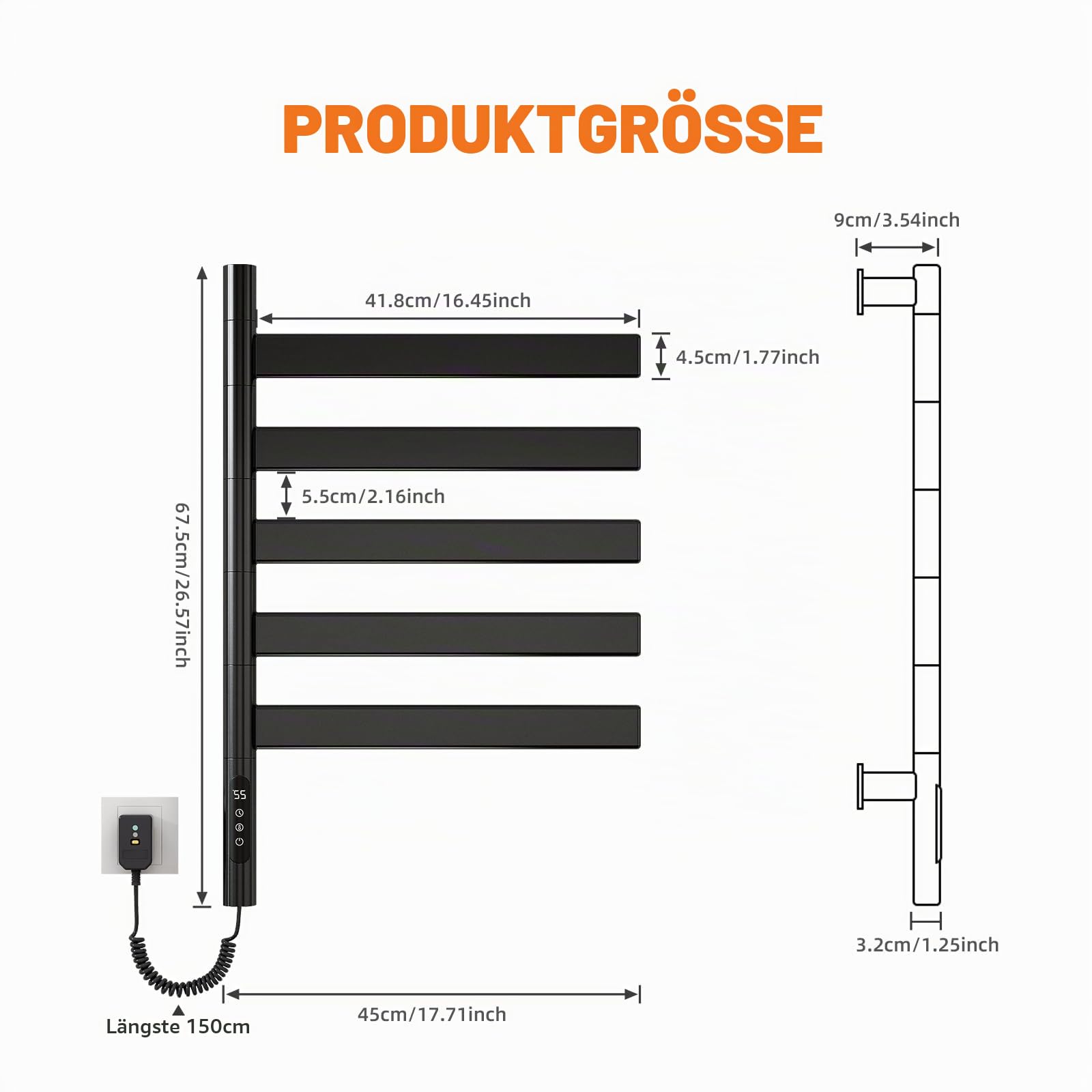 ZOYI 180-Grad-Drehung Handtuchhalter heizkörper, Handtuchtrockner elektrisch, Handtuchwärmer Elektrisch, elektrischer handtuchheizkörper, 220V, 150W (Schwarz)