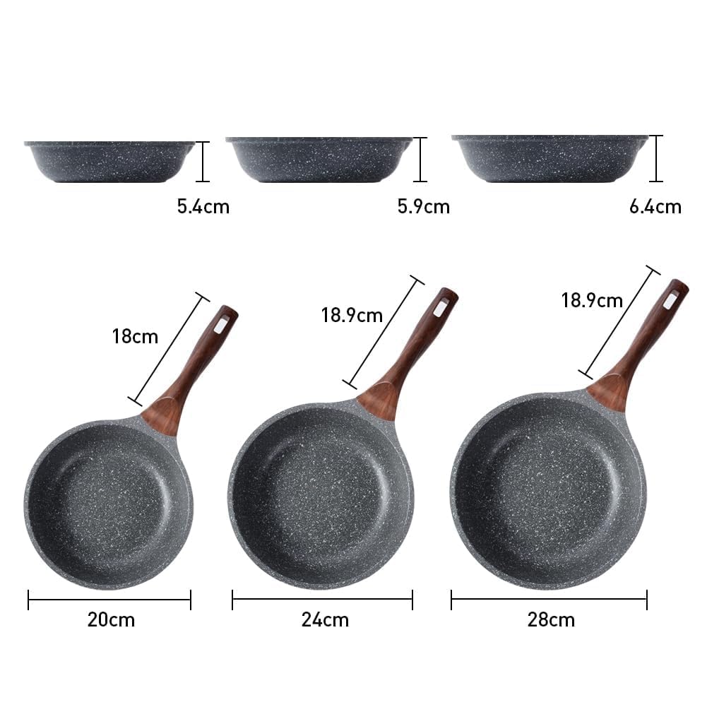 RIOVARM Antiadherente Juego de sartenes Inducción Juego de sartenes con mango resistente al calor Granito Sartén para tortillas sin PFOA Mármol Batería de cocina para varias estufas 20cm 24cm 28cm