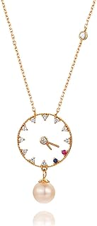 Collana Donna 18K Oro Rosa Ciondolo Diamante Rotonda Perla Dell'Orologio Oro Rosa