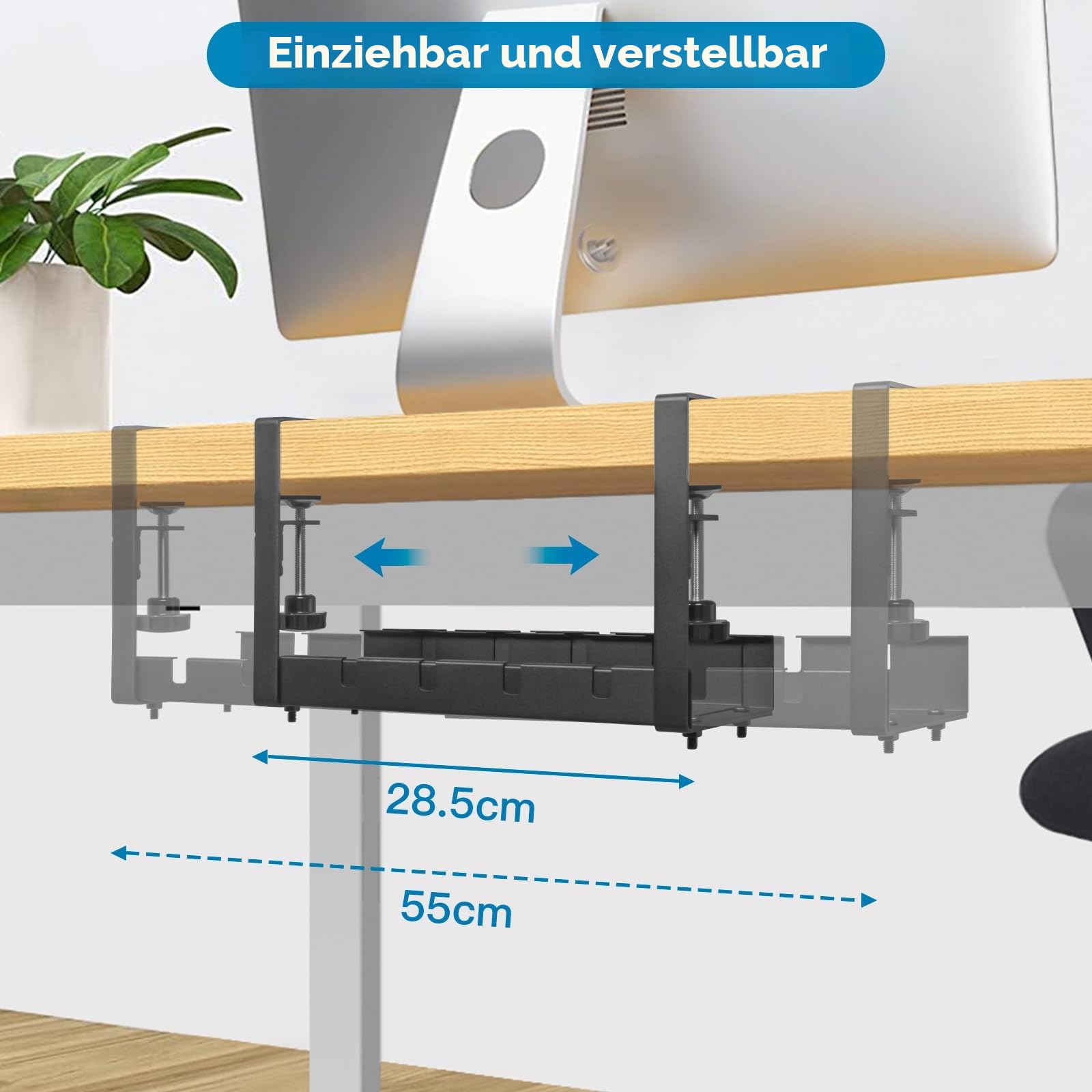 Kabelkanal Schreibtisch Schwarz Ohne Bohren, Einziehbar 28,5-55CM Kabelmanagement Schreibtisch, Verstellbarer Metall Kabelhalter Kabelwanne Kabel Organizer Tisch, Kabelkorb Klemmbar für Büro