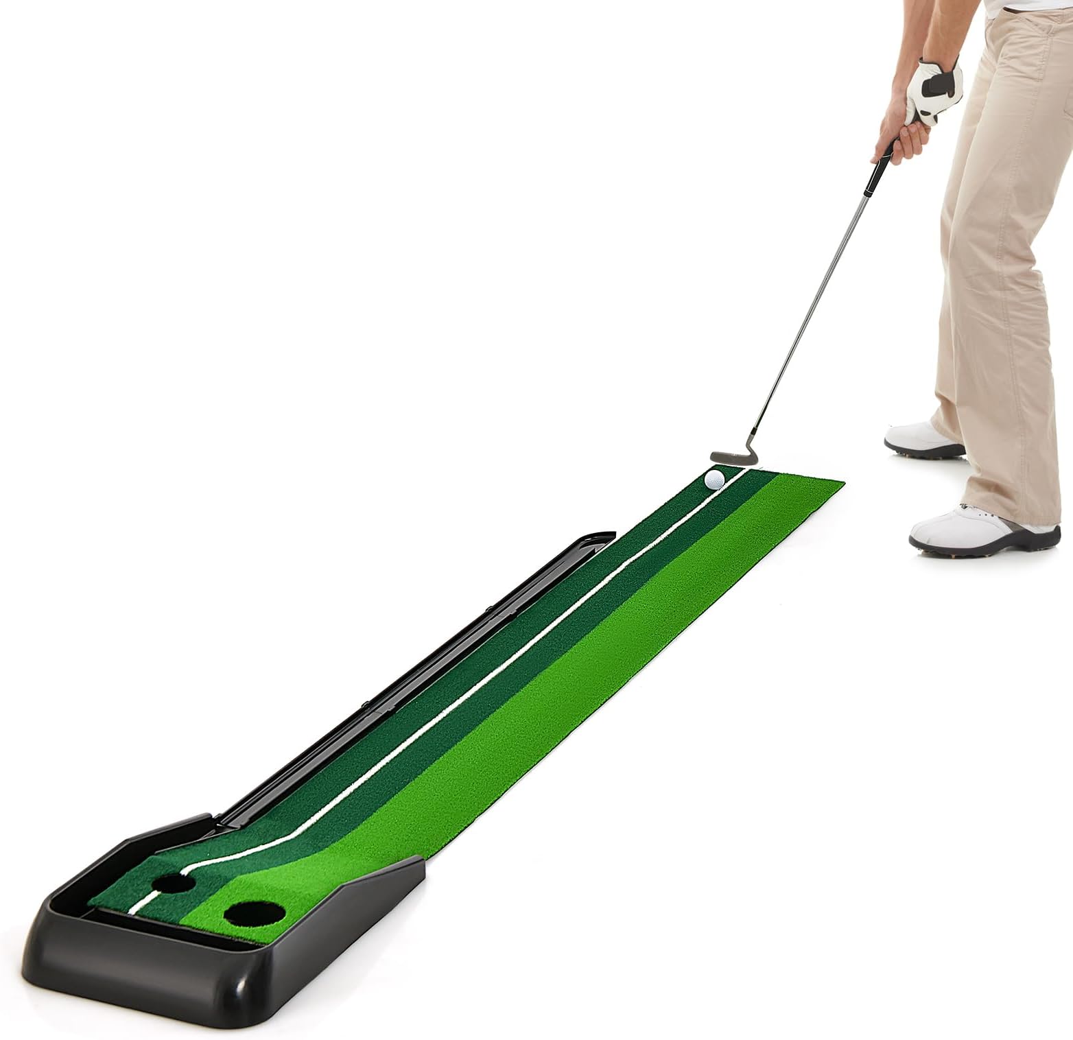 COSTWAY 250CM Premium Putting Green, Professional Golf Practice Turf with Simulate Grass Turf, 2 Hole, Auto Ball Return Track, Guideline and Gift Box, Portable Golf Accessories Putting Mat