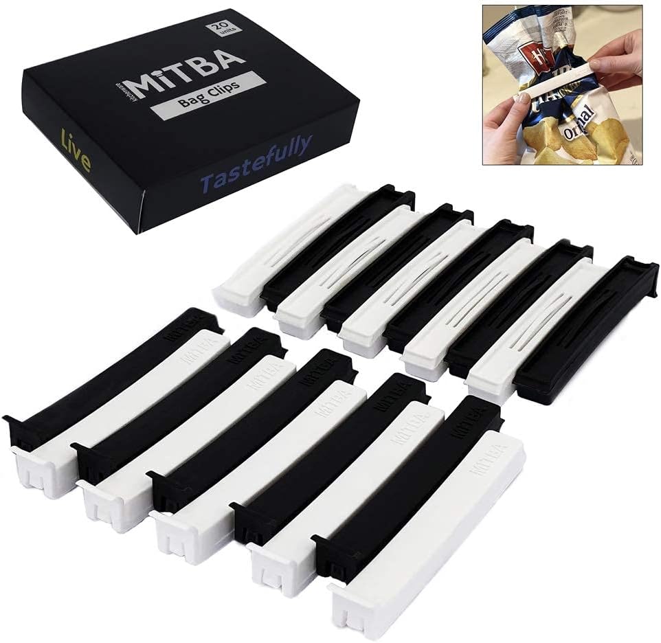 Bag Clips By MiTBA 4in Snack and Chip Clips with Strong Grip that will Keep Your Food Fresh These Easy to Use Bag Sealers will put an end to Wasting Black and White Set of 20 Units Seal The Deal